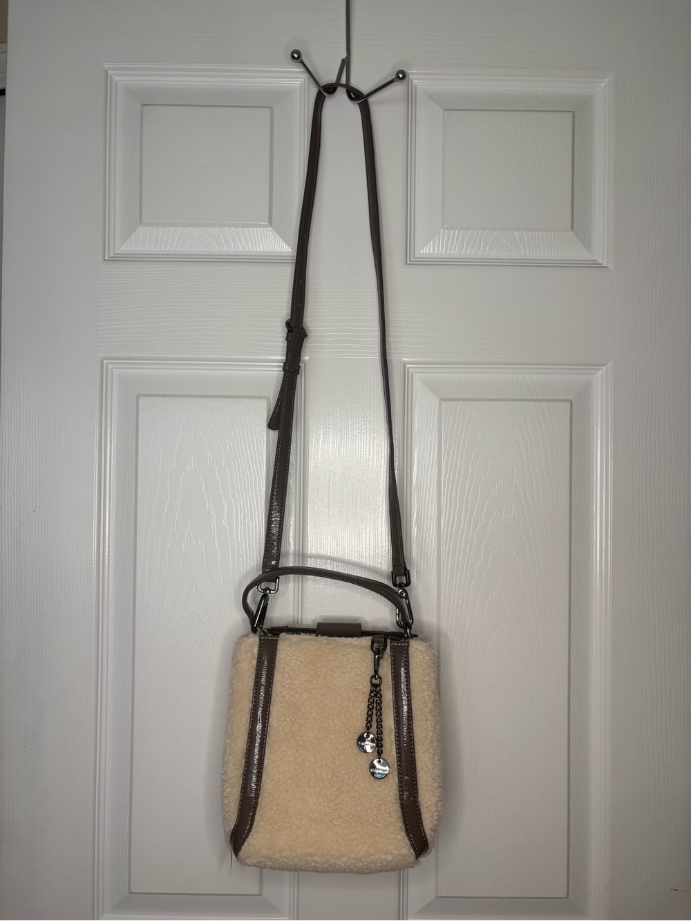 Calvin Klein Cream Shearling Crossbody with Taupe Trim and Charm